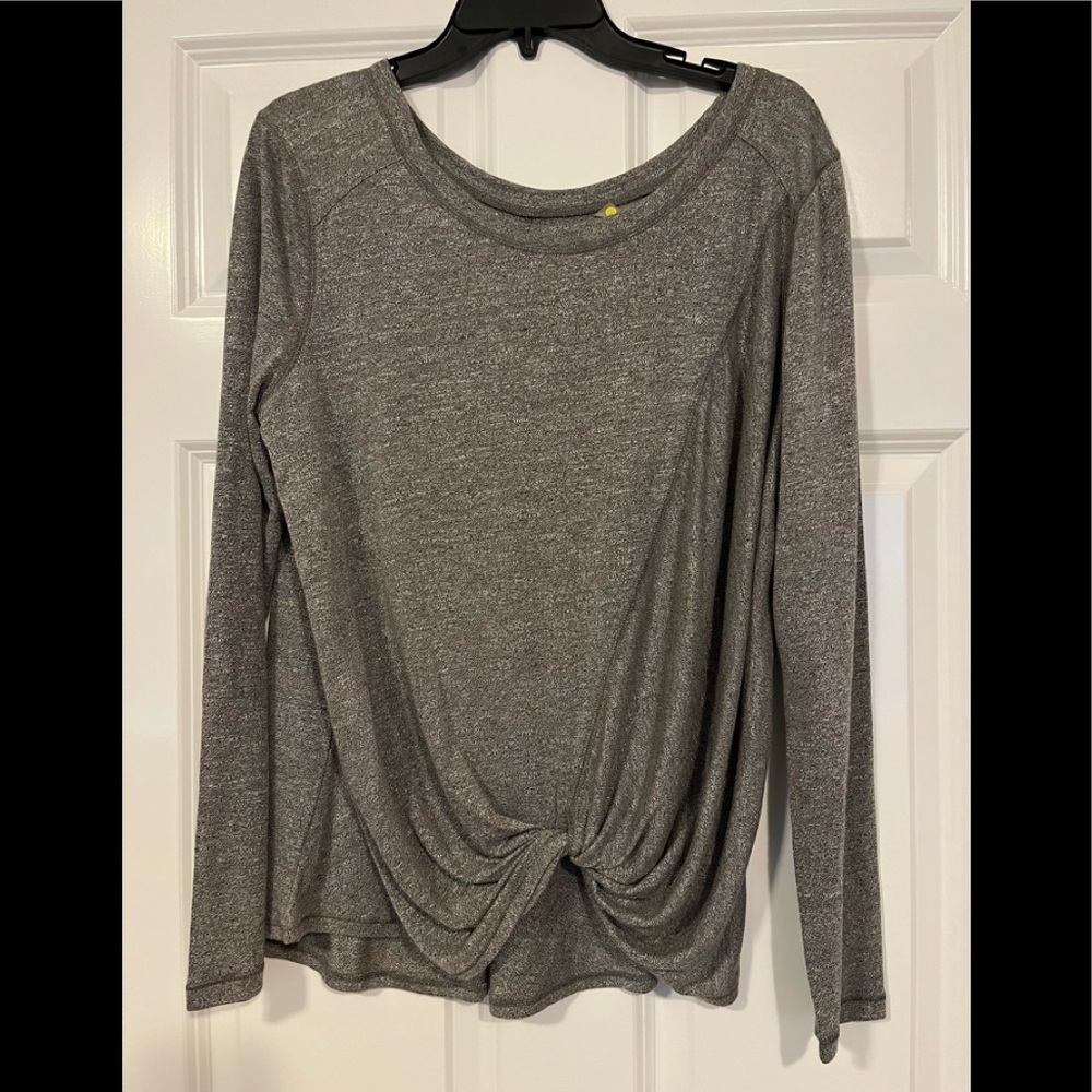 ZELLA long sleeve gray shirt with gather on left side on the front of shirt.